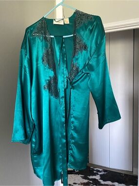 Vintage Victoria's Secret Teal Robe with Black Lace Trim